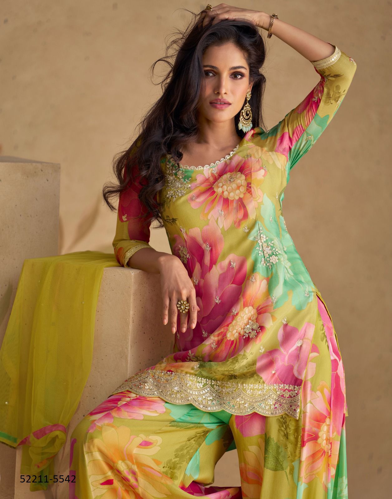 Pink and Green Flora Salwar Kameez - Image 2
