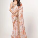 Peach and Cream Floral Saree